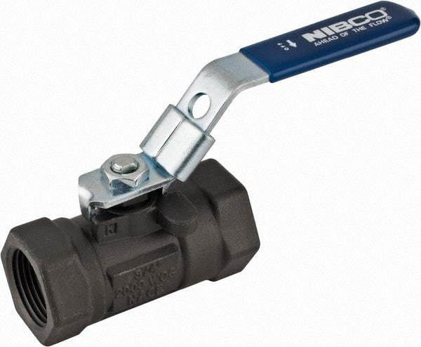 NIBCO - 3/4" Pipe, Reduced Port, Carbon Steel Fire Safe Ball Valve - 1 Piece, Inline - One Way Flow, FNPT x FNPT Ends, Locking Lever Handle, 2,000 WOG - Industrial Tool & Supply