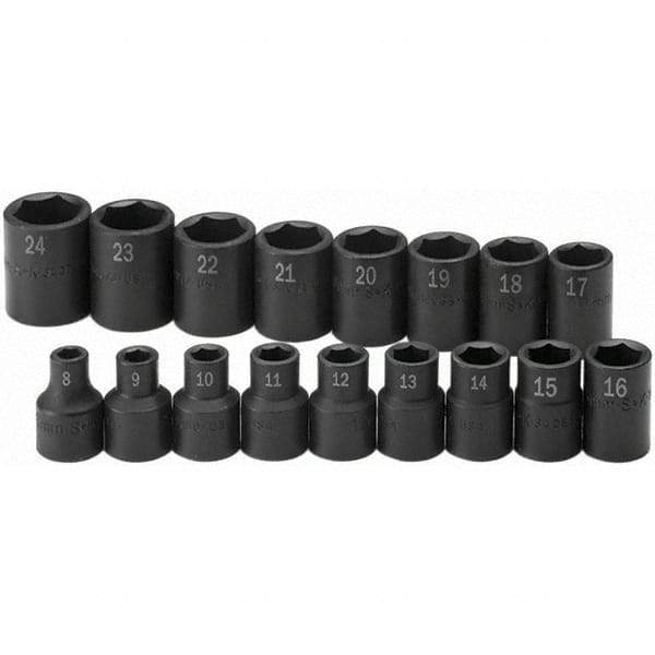 SK - 1/2" Drive Standard Impact Socket Set - 8 to 24mm, Metric Measurement Standard - Industrial Tool & Supply