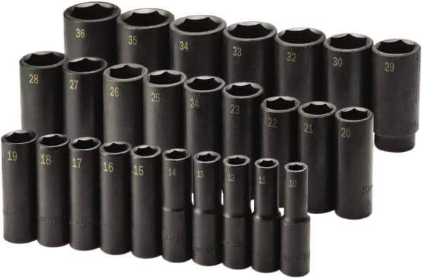 SK - 26 Piece 1/2" Drive Deep Impact Socket Set - 6 Points, 10 to 36mm, Metric Measurement Standard - Industrial Tool & Supply