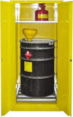 Securall Cabinets - 31" Wide x 31" Deep x 65" High, 18 Gauge Steel Vertical Drum Cabinet with 3 Point Key Lock - Yellow, Manual Closing Door, 1 Shelf, 1 Drum, Drum Rollers Included - Industrial Tool & Supply