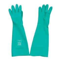 SHOWA - Size M (8), 19" Long, 22 mil Thick, Nitrile Chemical Resistant Gloves - Textured Finish, Slip-On Cuff, ANSI Abrasion Level 4, ANSI Cut Level 0, ANSI Puncture Level 1, Green, FDA Approved - Industrial Tool & Supply