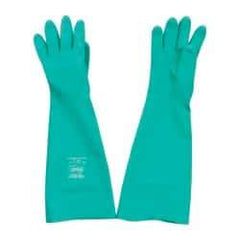 SHOWA - Size M (8), 19" Long, 22 mil Thick, Nitrile Chemical Resistant Gloves - Textured Finish, Slip-On Cuff, ANSI Abrasion Level 4, ANSI Cut Level 0, ANSI Puncture Level 1, Green, FDA Approved - Industrial Tool & Supply