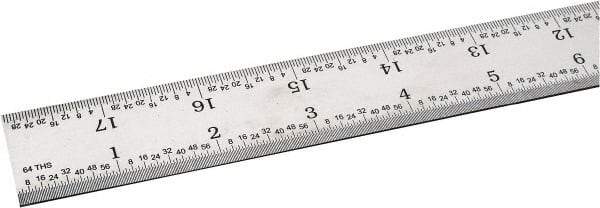 SPI - 18" Long, 1/100, 1/64, 1/32, 1/10" Graduation, Rigid Steel Rule - 5R Graduation Style, 1-1/8" Wide, Silver, Satin Chrome Finish - Industrial Tool & Supply