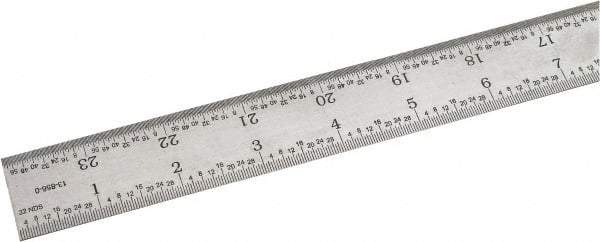 SPI - 24" Long, 1/64, 1/32, 1/16, 1/8" Graduation, Rigid Steel Rule - 4R Graduation Style, 1-1/8" Wide, Silver, Satin Chrome Finish - Industrial Tool & Supply