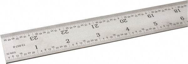 SPI - 24" Long, 1/100, 1/64, 1/32, 1/10" Graduation, Rigid Steel Rule - 5R Graduation Style, 1-1/8" Wide, Silver, Satin Chrome Finish - Industrial Tool & Supply