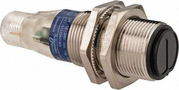 Telemecanique Sensors - 4 Pin M12 Connector, 4 Nominal Distance, Shock and Vibration Resistant, Retroreflective Photoelectric Sensor - 12 to 24 VDC, 500 Hz, Nickel Plated Brass, 2.36 Inch Long x 0.71 Inch Wide - Industrial Tool & Supply