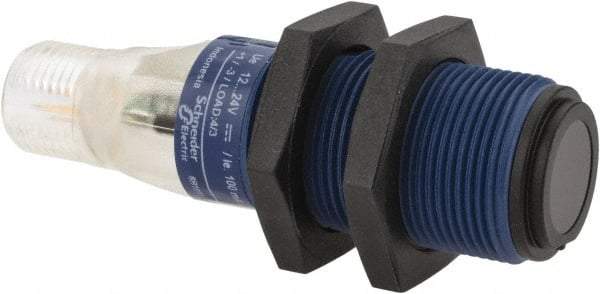 Telemecanique Sensors - 4 Pin M12 Connector, 15m Nominal Distance, Shock and Vibration Resistant, Through Beam Photoelectric Sensor - 12 to 24 VDC, 500 Hz, PBT, 2.36 Inch Long x 0.71 Inch Wide - Industrial Tool & Supply