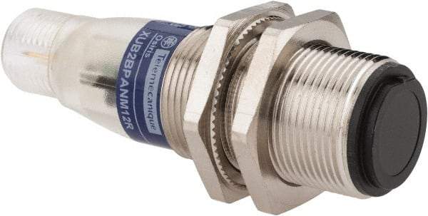 Telemecanique Sensors - 4 Pin M12 Connector, 15m Nominal Distance, Shock and Vibration Resistant, Through Beam Photoelectric Sensor - 12 to 24 VDC, 500 Hz, Nickel Plated Brass, 2.36 Inch Long x 0.71 Inch Wide - Industrial Tool & Supply