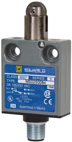 Square D - SPDT, NC/NO, Multiple VAC Levels, Prewired Terminal, Parallel Roller Plunger Actuator, General Purpose Limit Switch - 1, 2, 4, 6, 6P NEMA Rating, IP67 IPR Rating, Bushing Mount, 80 Ounce Operating Force - Industrial Tool & Supply