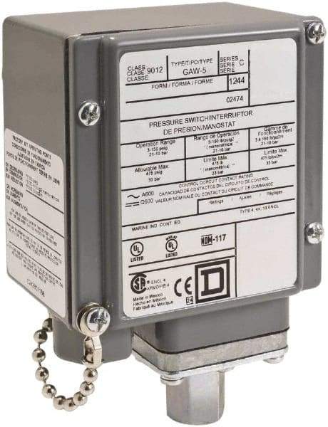 Square D - 4, 13 and 4X NEMA Rated, SPDT, 3 to 150 psi, Electromechanical Pressure and Level Switch - Fixed Pressure, 120 VAC at 6 Amp, 125 VDC at 0.22 Amp, 240 VAC at 3 Amp, 250 VDC at 0.27 Amp, 1/2 Inch Connector, Screw Terminal, For Use with 9012G - Industrial Tool & Supply