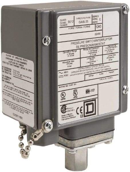 Square D - 4, 13 and 4X NEMA Rated, DPDT, 20 to 1,000 psi, Electromechanical Pressure and Level Switch - Fixed Pressure, 120 VAC at 6 Amp, 125 VDC at 0.22 Amp, 240 VAC at 3 Amp, 250 VDC at 0.27 Amp, 1/4 Inch Connector, Screw Terminal, For Use with 9012G - Industrial Tool & Supply
