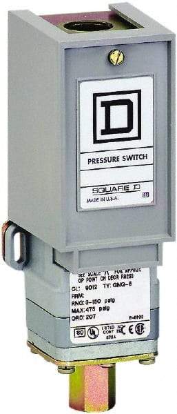 Square D - 1 NEMA Rated, SPDT, 3 to 150 psi, Electromechanical Pressure and Level Switch - Adjustable Pressure, 120 VAC at 6 Amp, 125 VDC at 0.22 Amp, 240 VAC at 3 Amp, 250 VDC at 0.27 Amp, 1/2 Inch Connector, Screw Terminal, For Use with 9012G - Industrial Tool & Supply