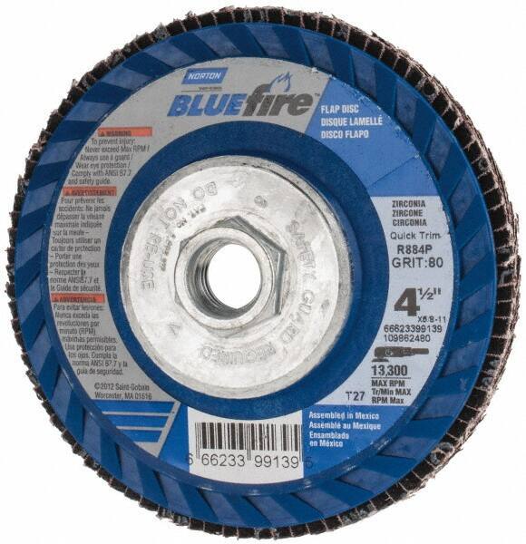 Norton - 80 Grit, 4-1/2" Disc Diam, 5/8-11 Center Hole, Type 27 Zirconia Alumina Flap Disc - 13,300 Max RPM, Fiberglass Backing, Arbor Attaching System, Coated - Industrial Tool & Supply