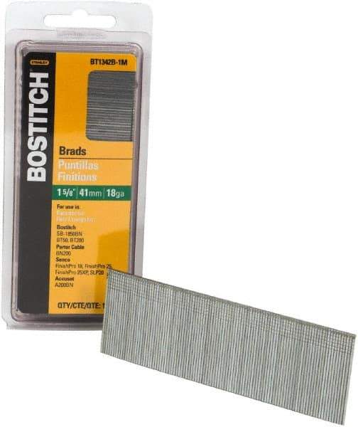 Stanley Bostitch - 18 Gauge 0.05" Shank Diam 1-5/8" Long Brad Nails for Power Nailers - Steel, Bright Finish, Ring Shank, Straight Stick Adhesive Collation, Brad Head, Chisel Point - Industrial Tool & Supply