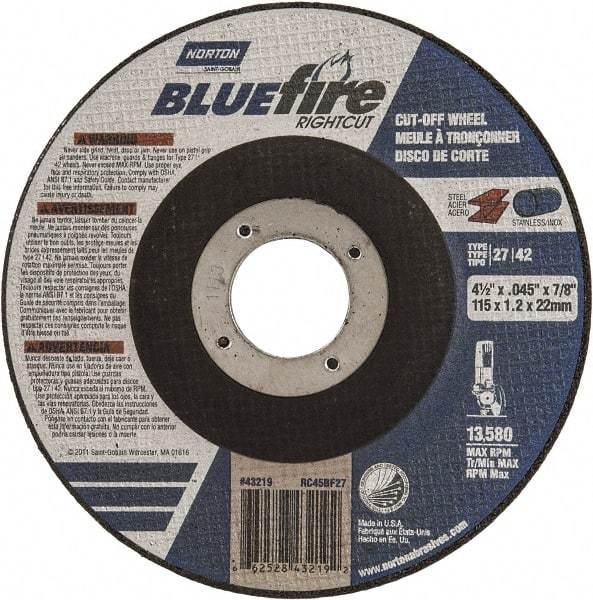 Norton - 24 Grit, 4-1/2" Wheel Diam, 1/16" Wheel Thickness, 7/8" Arbor Hole, Type 27 Depressed Center Wheel - Zirconia Alumina, R Hardness, 13,580 Max RPM, Compatible with Angle Grinder - Industrial Tool & Supply