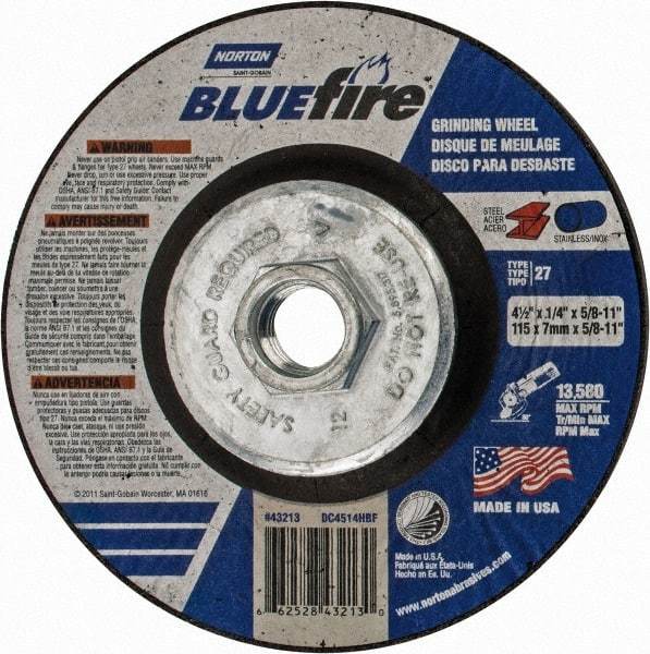 Norton - 24 Grit, 4-1/2" Wheel Diam, 1/4" Wheel Thickness, Type 27 Depressed Center Wheel - Zirconia Alumina, S Hardness, 13,580 Max RPM, Compatible with Angle Grinder - Industrial Tool & Supply