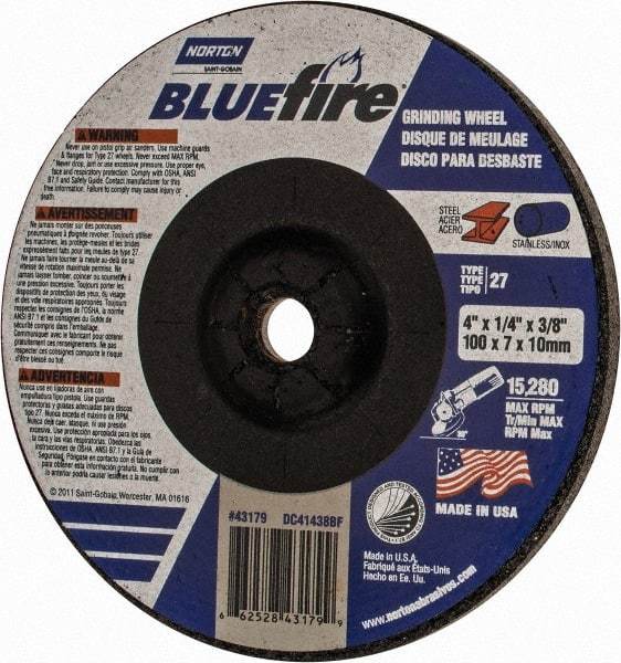 Norton - 24 Grit, 4" Wheel Diam, 1/4" Wheel Thickness, 3/8" Arbor Hole, Type 27 Depressed Center Wheel - Zirconia Alumina, S Hardness, 15,280 Max RPM, Compatible with Angle Grinder - Industrial Tool & Supply