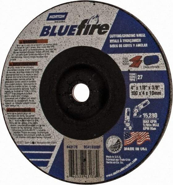 Norton - 30 Grit, 4" Wheel Diam, 1/8" Wheel Thickness, 3/8" Arbor Hole, Type 27 Depressed Center Wheel - Zirconia Alumina, U Hardness, 15,280 Max RPM, Compatible with Angle Grinder - Industrial Tool & Supply