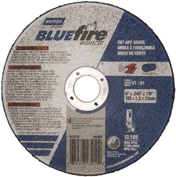 Norton - 6" 36 Grit Zirconia Alumina Cutoff Wheel - 1/16" Thick, 7/8" Arbor, 10,185 Max RPM, Use with Angle Grinders - Industrial Tool & Supply