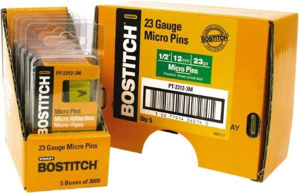 Stanley Bostitch - 23 Gauge 0.0281" Shank Diam 1/2" Long Pin Nails for Power Nailers - Steel, Bright Finish, Smooth Shank, Straight Stick Adhesive Collation, Round Head, Diamond Point - Industrial Tool & Supply