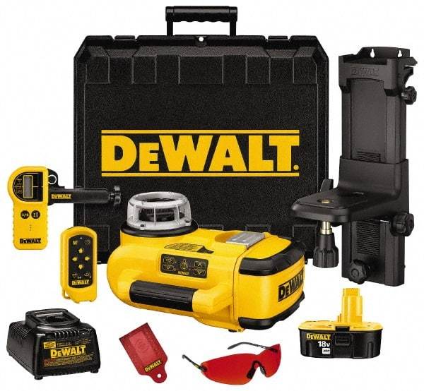 DeWALT - 200' (Interior) & 2,000' (Exterior) Measuring Range, 1/8" at 100' & 3mm at 31m Accuracy, Self-Leveling Rotary Laser with Detector - ±5° Self Leveling Range, 60, 250 & 600 RPM, 1 Beam, 18 Volt XRP Battery Included - Industrial Tool & Supply