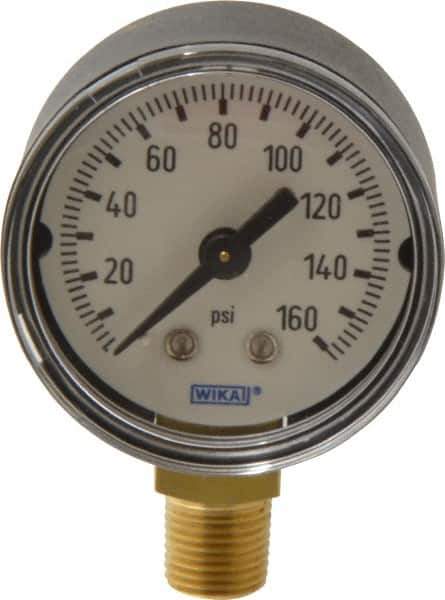 Wika - 1-1/2" Dial, 1/8 Thread, 0-160 Scale Range, Pressure Gauge - Lower Connection Mount, Accurate to 3-2-3% of Scale - Industrial Tool & Supply