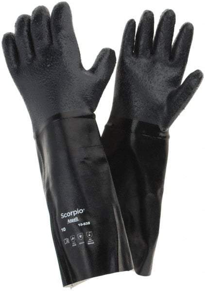 Ansell - Size XL (10), 18" Long, 83 mil Thick, Supported, Neoprene Chemical Resistant Gloves - Textured Finish, Fleece/Jersey Lined, Gauntlet Cuff, ANSI Abrasion Level 3, ANSI Cut Level 2, Black - Industrial Tool & Supply