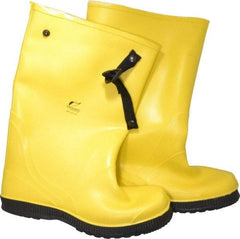 Dunlop Protective Footwear - Men's 14 (Women's 16) Rain & Cold Resistant Overboots - 17" High, Plain Toe, Self Cleaning & Cleated Sole, PVC Upper, Yellow, Adjustable Polyester Strap, Buckles & Snaps - Industrial Tool & Supply