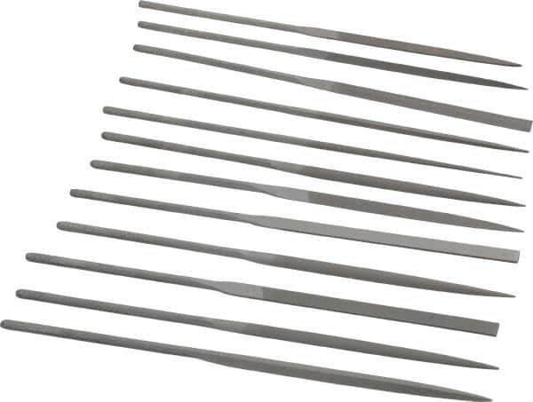 Grobet - 12 Piece Swiss Pattern File Set - 5-1/2" Long, 0 Coarseness, Set Includes Barrette, Crossing, Equalling, Half Round, Knife, Marking, Round, Round Edge Joint, Slitting, Square, Three Square, Warding - Industrial Tool & Supply