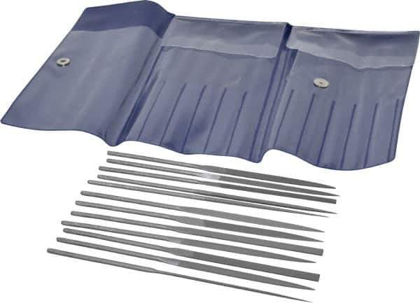 Grobet - 12 Piece Swiss Pattern File Set - 5-1/2" Long, 2 Coarseness, Set Includes Barrette, Crossing, Equalling, Half Round, Knife, Marking, Round, Round Edge Joint, Slitting, Square, Three Square, Warding - Industrial Tool & Supply