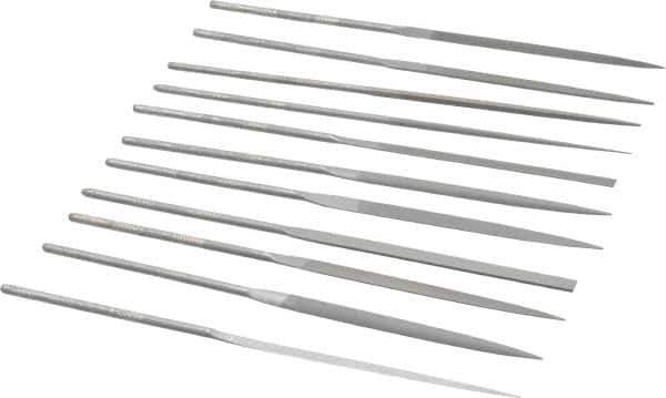Grobet - 12 Piece Swiss Pattern File Set - 6-1/4" Long, 2 Coarseness, Set Includes Barrette, Crossing, Equalling, Half Round, Knife, Marking, Round, Round Edge Joint, Slitting, Square, Three Square, Warding - Industrial Tool & Supply