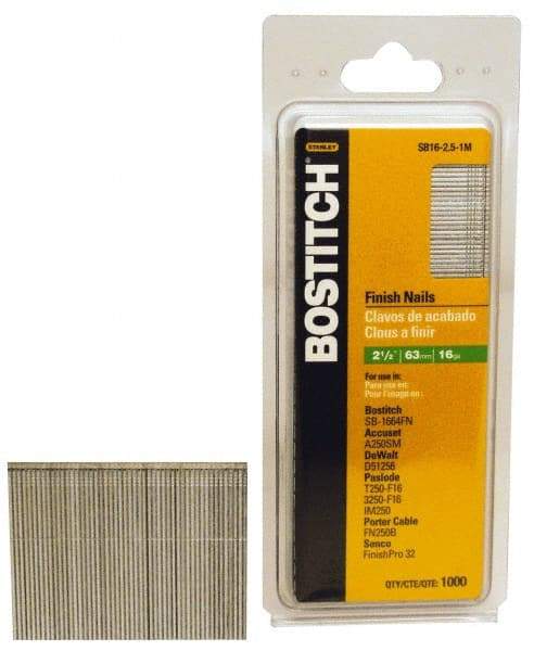 Stanley Bostitch - 16 Gauge 2-1/2" Long Finishing Nails for Power Nailers - Steel, Galvanized Finish, Straight Stick Collation, Chisel Point - Industrial Tool & Supply