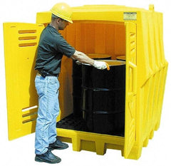 Eagle - 4 Drum, 66 Gal Sump Capacity, Storage Hut - 57-1/2" Long x 57-1/2" Wide x 72" High, Vertical Storage, Polyethylene - Industrial Tool & Supply
