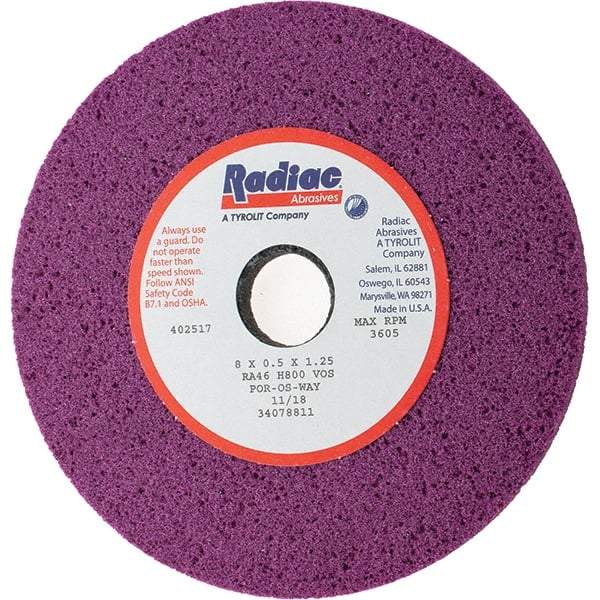 Radiac Abrasives - 8" Diam x 1-1/4" Hole x 1/2" Thick, H Hardness, 46 Grit Surface Grinding Wheel - Aluminum Oxide, Type 1, Coarse Grade, 3,600 Max RPM, Vitrified Bond, No Recess - Industrial Tool & Supply