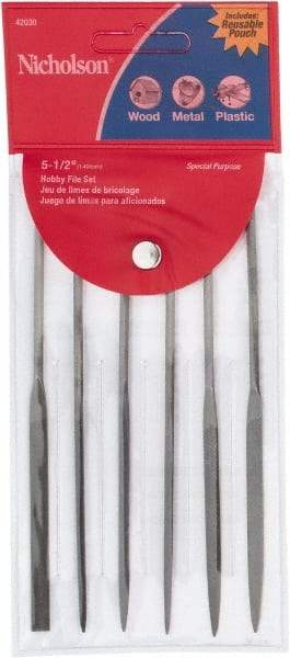 Nicholson - 6 Piece American Pattern File Set - 5-1/2" Long, Fine Coarseness, Set Includes Equalling, Flat, Half Round, Round, Square, Three Square - Industrial Tool & Supply