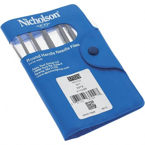 Nicholson - 12 Piece Swiss Pattern File Set - 4" Long, 0 Coarseness, Round Handle, Set Includes Barrette, Crossing, Equalling, Flat, Half Round, Knife, Round, Slitting, Square, Three Square - Industrial Tool & Supply