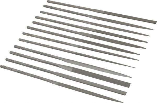 Nicholson - 12 Piece Swiss Pattern File Set - 4" Long, 2 Coarseness, Round Handle, Set Includes Barrette, Crossing, Equalling, Flat, Half Round, Knife, Round, Slitting, Square, Three Square - Industrial Tool & Supply