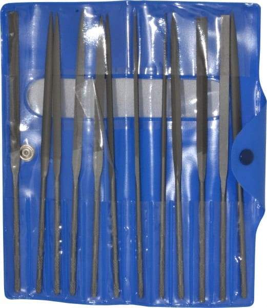 Nicholson - 12 Piece Swiss Pattern File Set - 6-1/4" Long, 0 Coarseness, Round Handle, Set Includes Barrette, Crossing, Equalling, Flat, Half Round, Knife, Round, Slitting, Square, Three Square - Industrial Tool & Supply