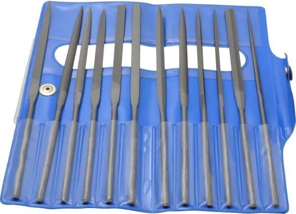 Nicholson - 12 Piece Swiss Pattern File Set - 6-1/4" Long, 2 Coarseness, Round Handle, Set Includes Barrette, Crossing, Equalling, Flat, Half Round, Knife, Round, Slitting, Square, Three Square - Industrial Tool & Supply