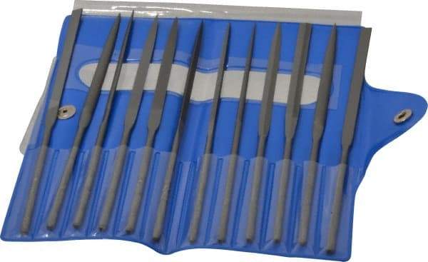 Nicholson - 12 Piece Swiss Pattern File Set - 6-1/4" Long, 4 Coarseness, Round Handle, Set Includes Barrette, Crossing, Equalling, Flat, Half Round, Knife, Round, Slitting, Square, Three Square - Industrial Tool & Supply