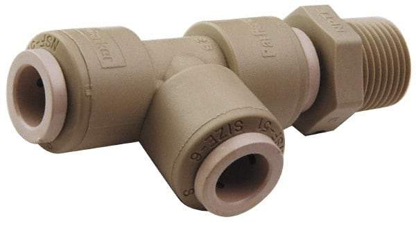 Parker - 3/8" Outside Diam, 3/8 NPTF, Acetal Push-to-Connect Tube Male Swivel Run Tee - 300 Max psi, Gray - Industrial Tool & Supply