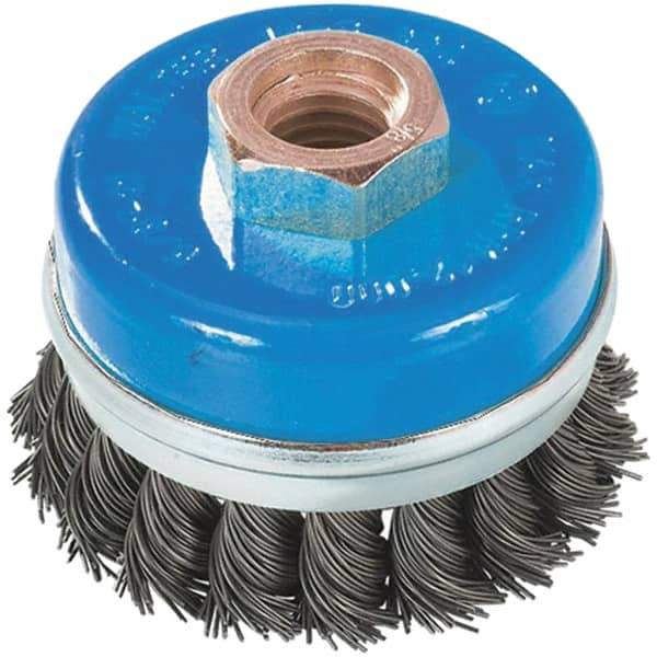 WALTER Surface Technologies - 3" Diam, 5/8-11 Threaded Arbor, Stainless Steel Fill Cup Brush - 0.02 Wire Diam, 12,000 Max RPM - Industrial Tool & Supply