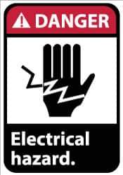 NMC - Accident Prevention Label, Header: DANGER - Legend: Danger - Electrical Hazard, English, Red, Black & White, 5" Long x 3" High, Sign Muscle Finish - Industrial Tool & Supply