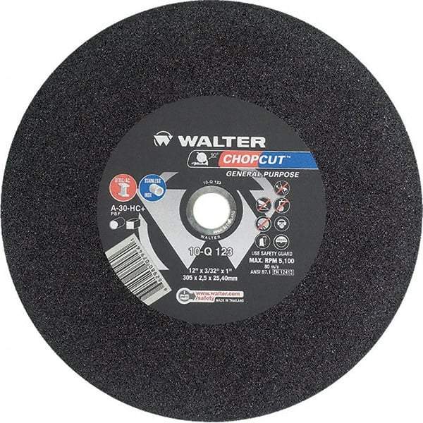 WALTER Surface Technologies - 12" 30 Grit Aluminum Oxide Cutoff Wheel - 3/32" Thick, 1" Arbor, 5,100 Max RPM, Use with Chop Saws - Industrial Tool & Supply