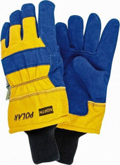 North - Size Universal (9) Split Cowhide Cold Protection Work Gloves - For General Purpose, Uncoated, Knit Wrist Cuff, Full Fingered, Blue/Yellow, Paired - Industrial Tool & Supply