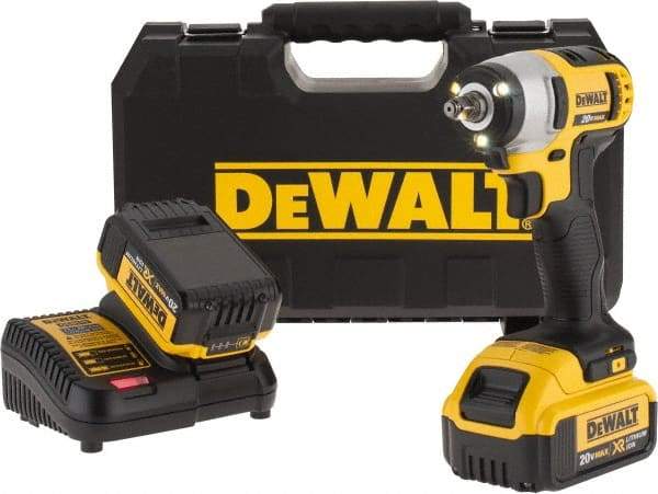 DeWALT - 3/8" Drive 20 Volt Mid-Handle Cordless Impact Wrench & Ratchet - 2,300 RPM, 0 to 2,700 BPM, 130 Ft/Lb Torque, 2 Lithium-Ion Batteries Included - Industrial Tool & Supply
