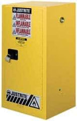 Justrite - 1 Door, 1 Shelf, Yellow Steel Space Saver Safety Cabinet for Flammable and Combustible Liquids - 44" High x 23-1/4" Wide x 18" Deep, Manual Closing Door, 15 Gal Capacity - Industrial Tool & Supply