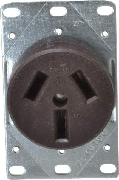 Cooper Wiring Devices - 125/250 VAC, 50 Amp, 10-50R NEMA Configuration, Brown, Specification Grade, Ungrounded Single Receptacle - 1 Phase, 3 Poles, 3 Wire, Flush Mount, Corrosion Resistant - Industrial Tool & Supply