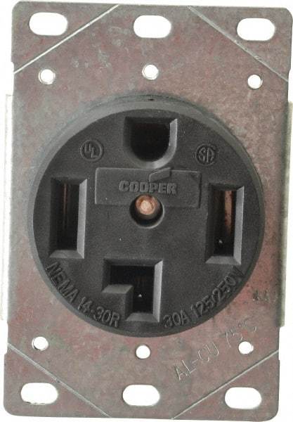 Cooper Wiring Devices - 125/250 VAC, 30 Amp, 14-30R NEMA Configuration, Black, Specification Grade, Ungrounded Single Receptacle - 1 Phase, 3 Poles, 3 Wire, Flush Mount, Corrosion Resistant - Industrial Tool & Supply