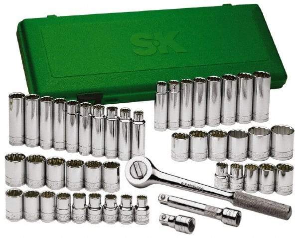 SK - 47 Piece 1/2" Drive Deep Well Socket Set - 6 Points, 1/2" to 1-1/2" (10mm to 24mm) Range, Inch/Metric Measurement Standard - Industrial Tool & Supply